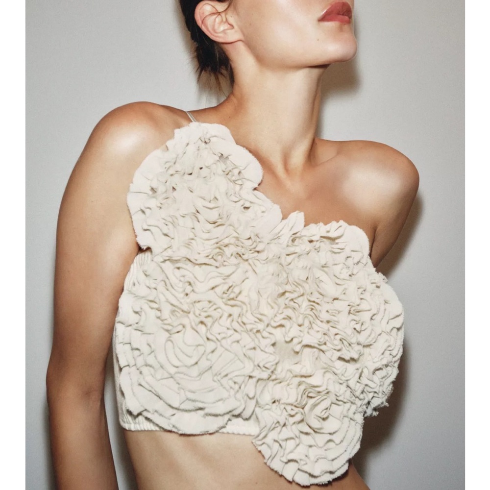 Zara Cream Textured One-Shoulder Top